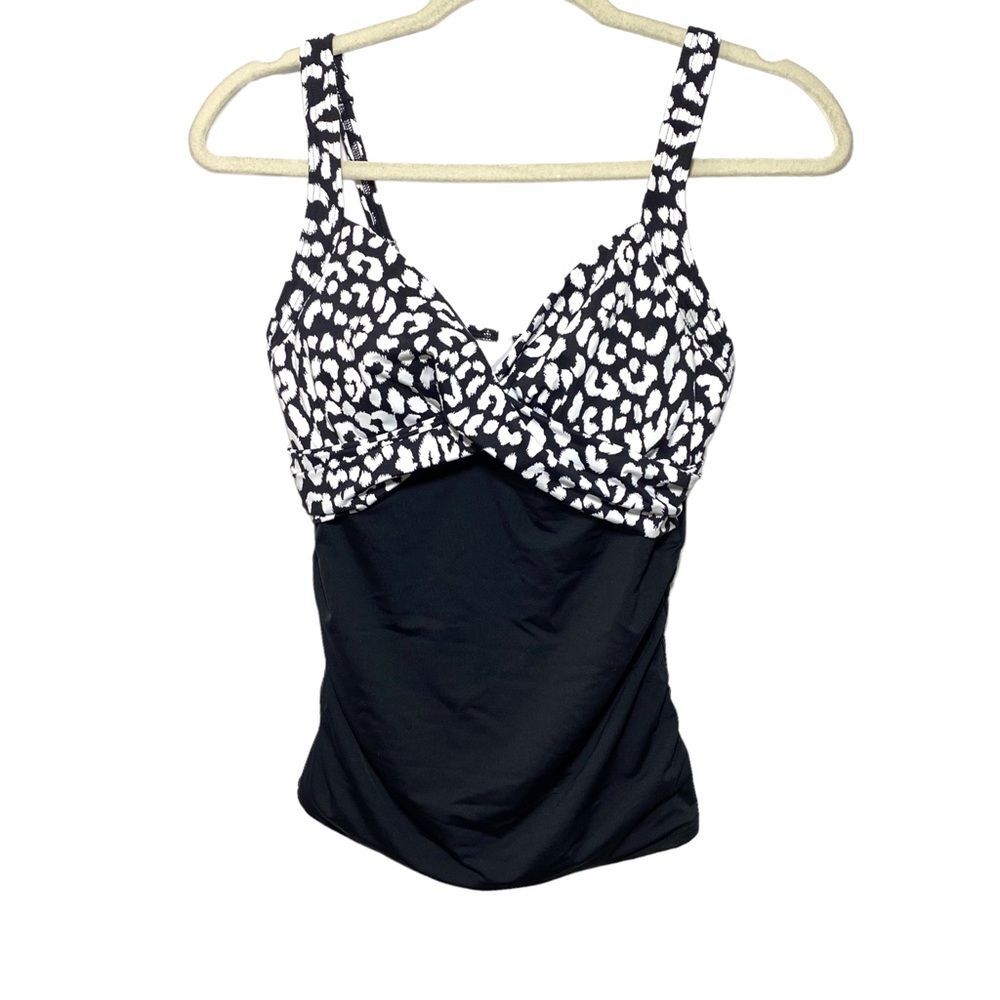 Lands' End Womens Sz 4 Wrap Underwire Tankini Top Swimsuit Black Snow Leopard